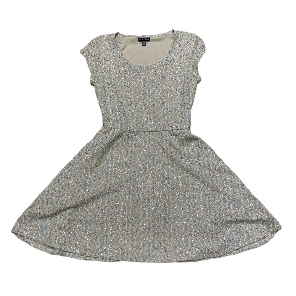 As U Wish Sequin Dress Skater Fit And Flare Multicolor Lined Short Sleeve